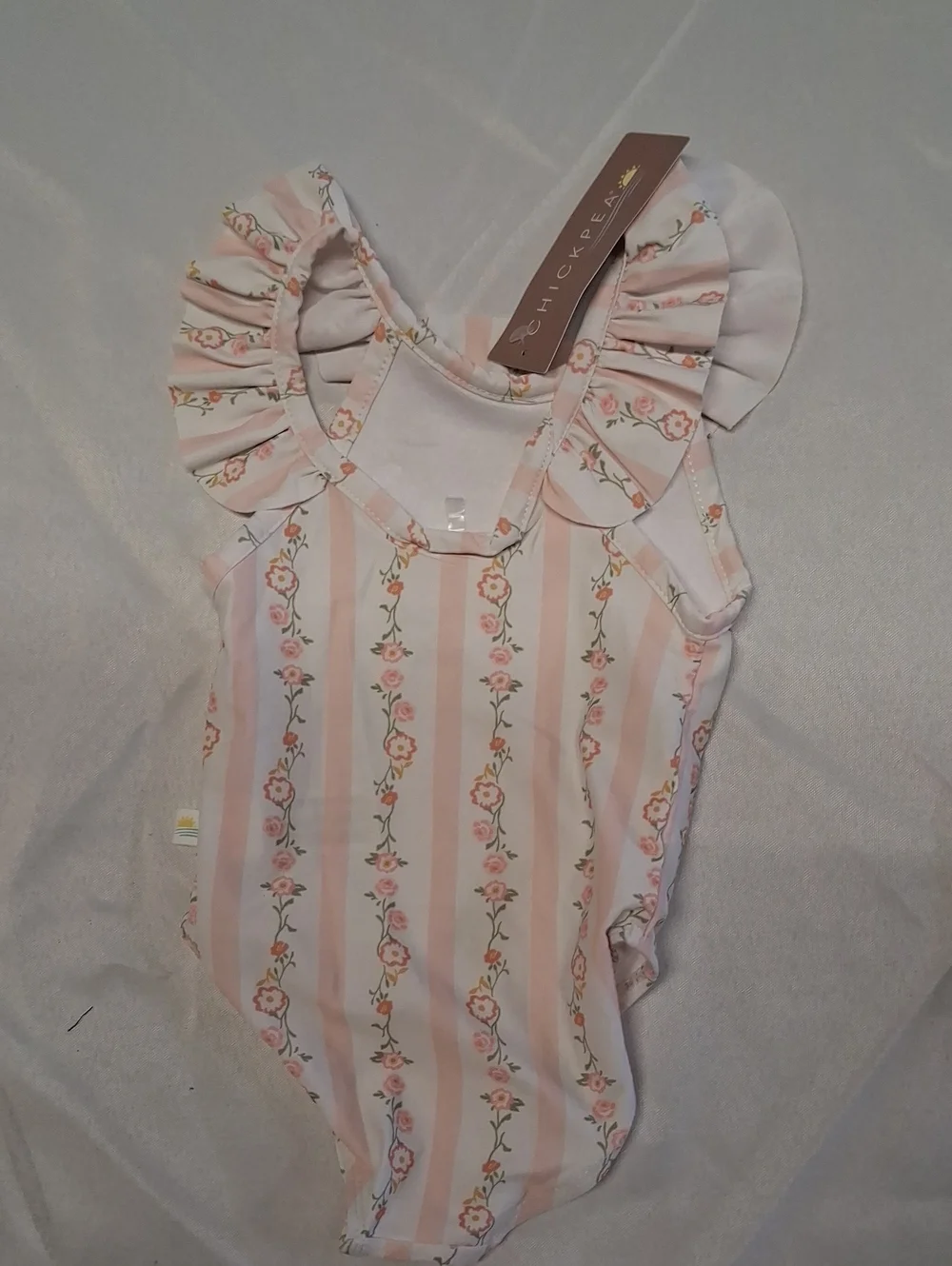 NWT Chickpea Pink Floral Stripe Ruffle Swimsuit & Heart Print Blue Denim Romper